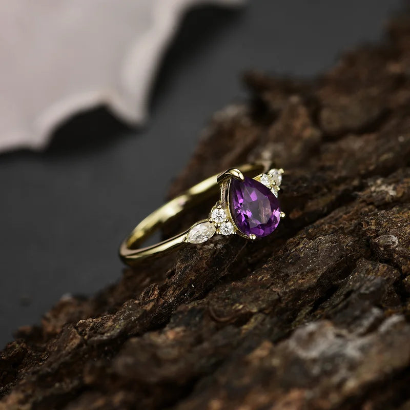 Pear Cut Amethyst Ring with Moissanite IfShe UK