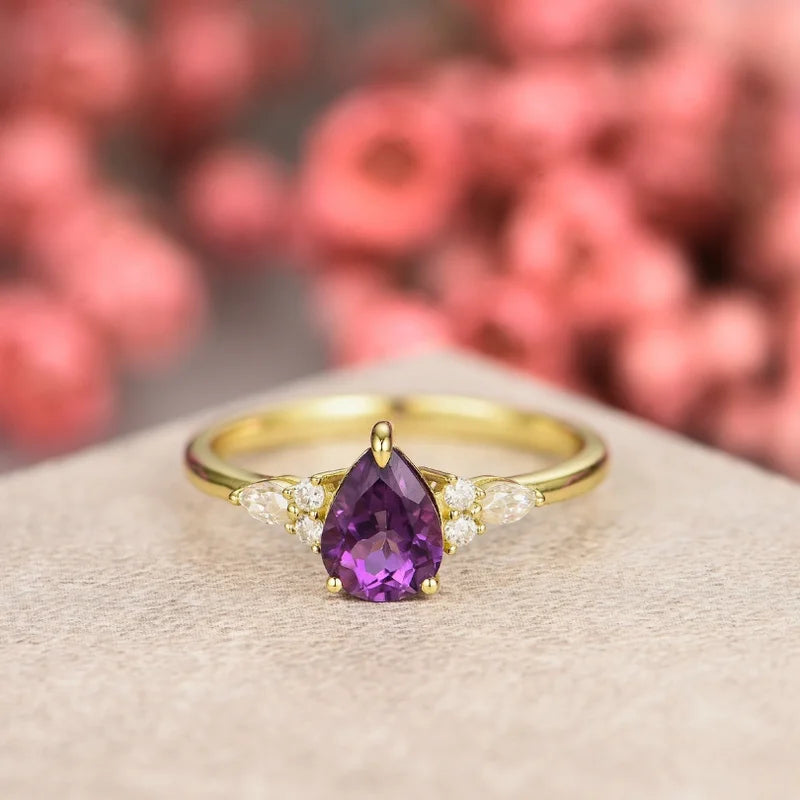 Pear Cut Amethyst Ring with Moissanite
