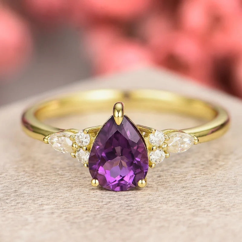 Pear Cut Amethyst Ring with Moissanite IfShe UK