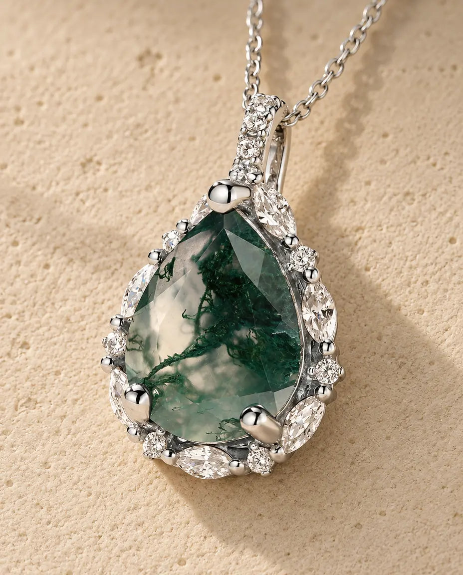 Moss Agate Pear Pendant - close-up of the gemstone