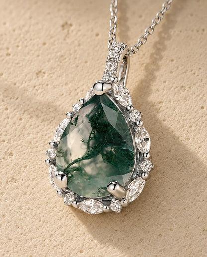 Moss Agate Pear Pendant - close-up of the gemstone