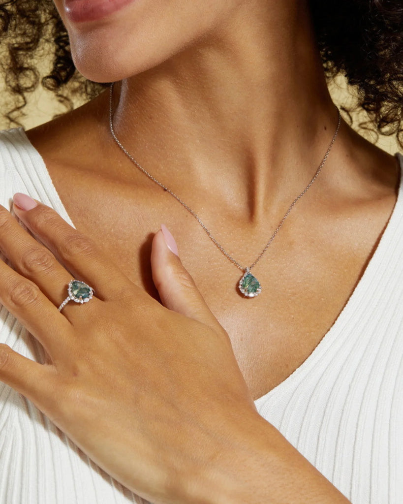Pear Cut Moss Agate Necklace – 925 Sterling Silver Healing Pendant