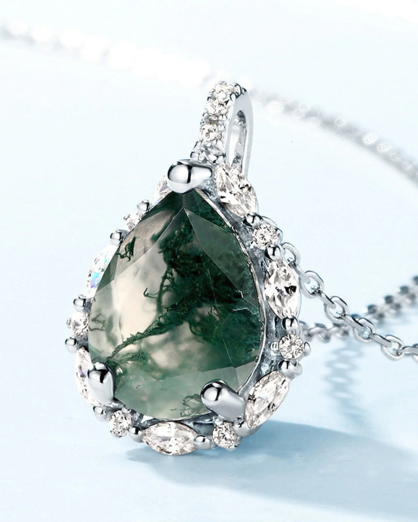 Pear Cut Moss Agate Necklace – 925 Sterling Silver Healing Pendant