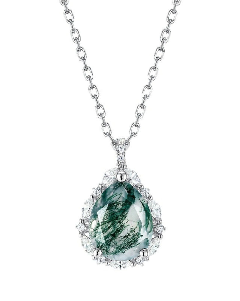 Pear Cut Moss Agate Necklace – 925 Sterling Silver Healing Pendant