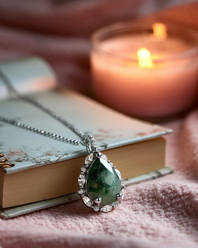 Pear Cut Moss Agate Necklace – 925 Sterling Silver Healing Pendant