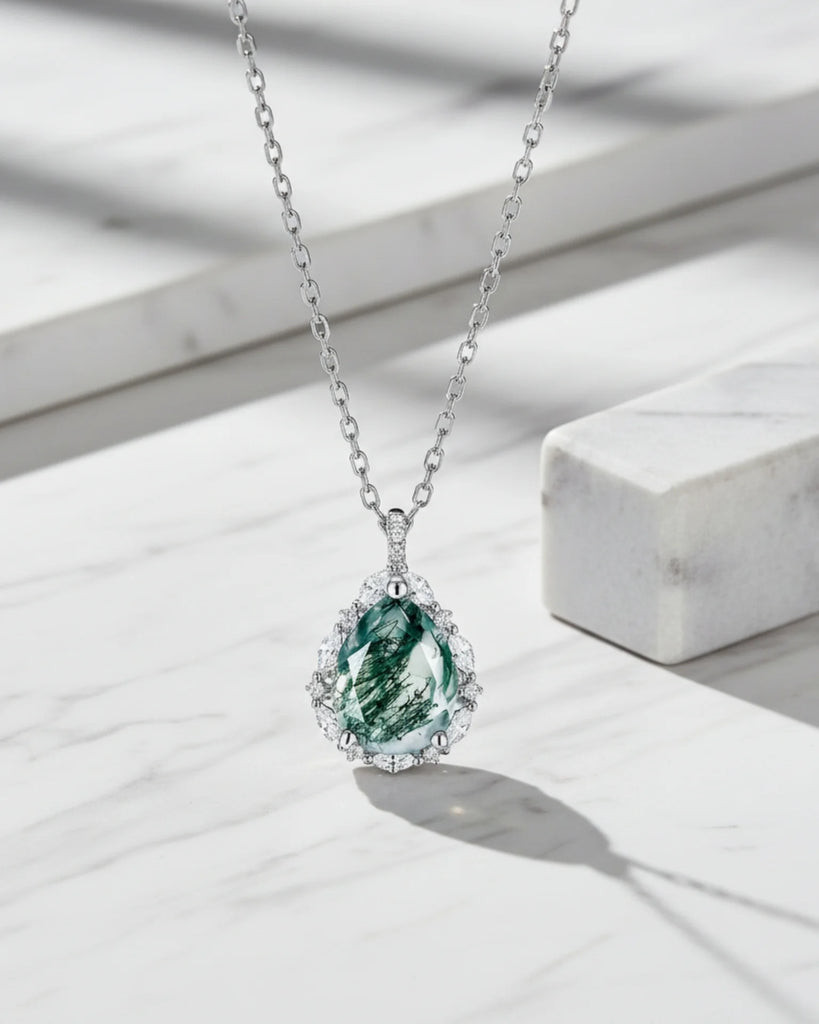 Pear Cut Moss Agate Necklace – 925 Sterling Silver Healing Pendant