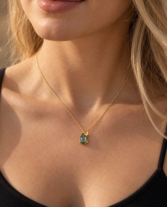 Pear Moss Agate Butterfly Necklace in 10K Gold Plated 925 Sterling Silver - worn on a model, close-up at the collarbone