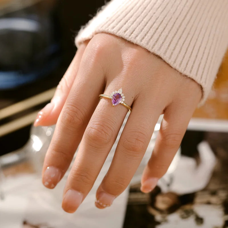 Pear Shaped Amethyst Wedding Ring with Moissanite