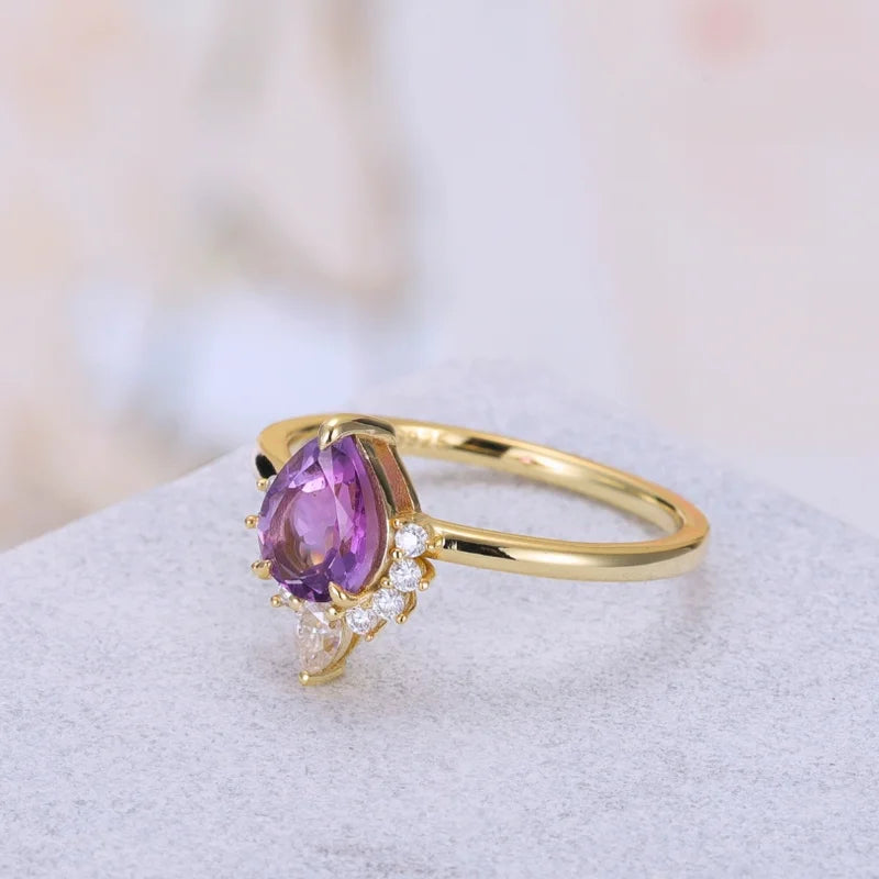 Pear Shaped Amethyst Wedding Ring with Moissanite