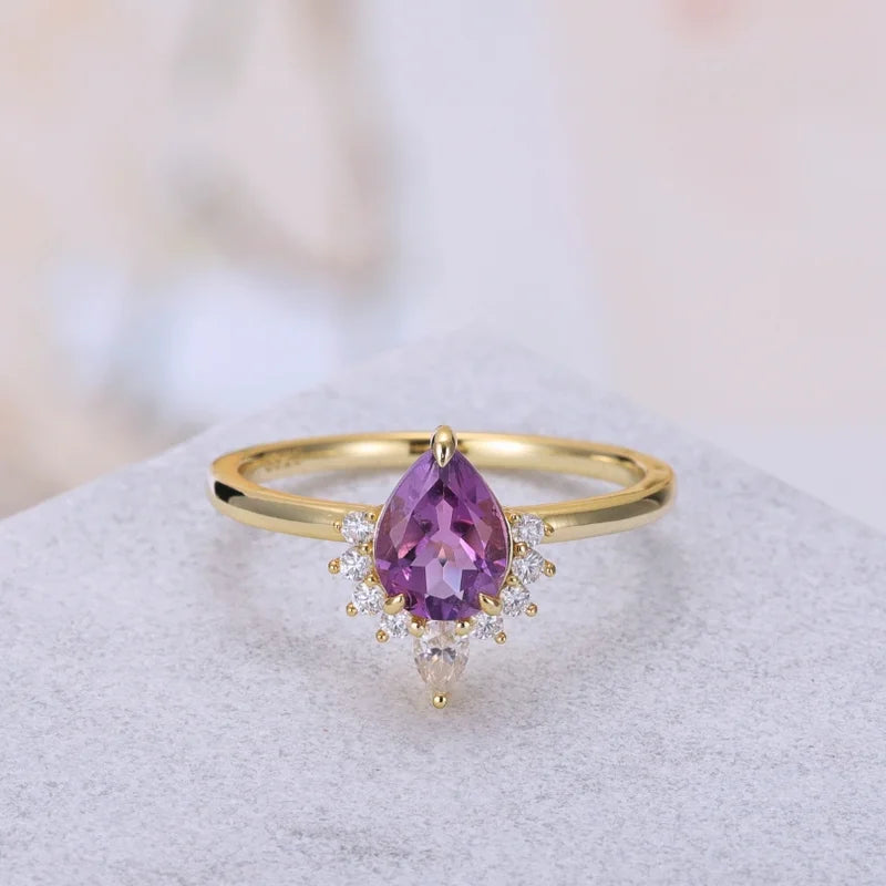 Pear Shaped Amethyst Wedding Ring with Moissanite