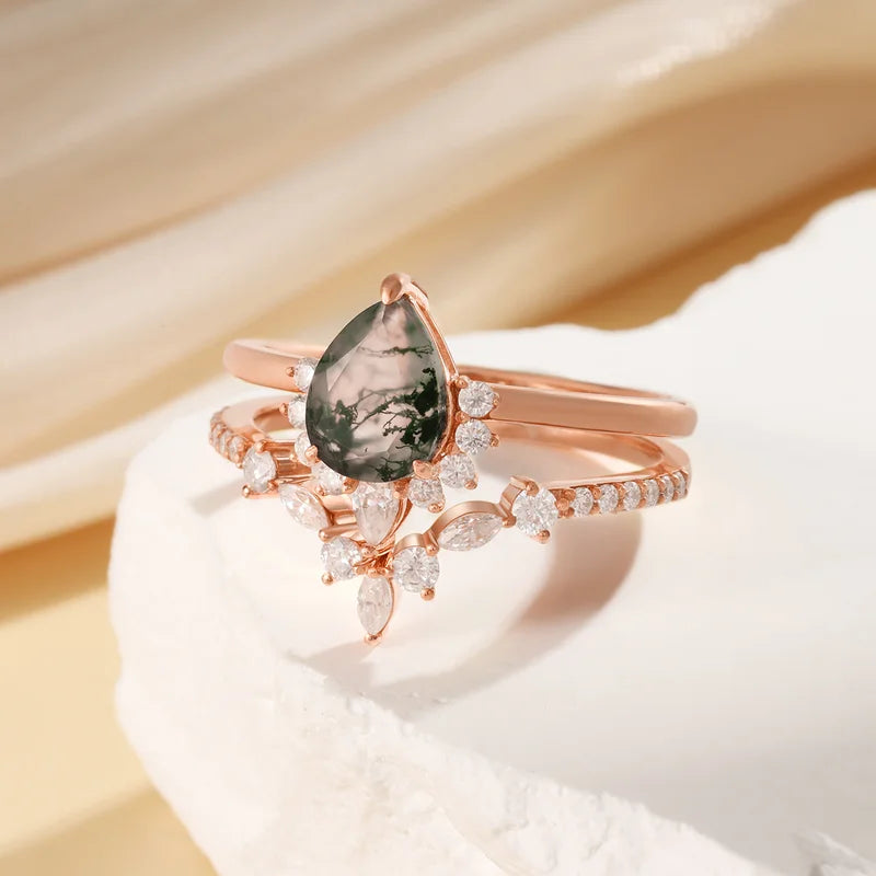 Pear Shaped Green Moss Agate Engagement Ring Set with Moissanite