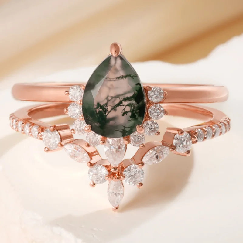 Pear Shaped Green Moss Agate Engagement Ring Set with Moissanite