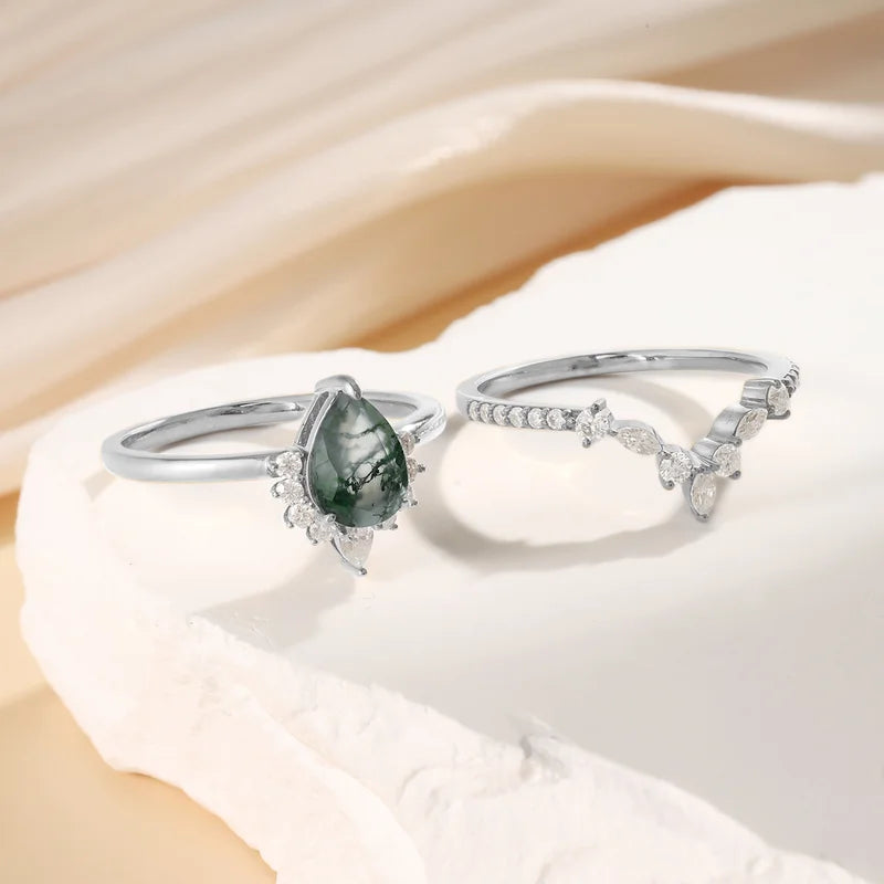 Pear Shaped Green Moss Agate Engagement Ring Set with Moissanite