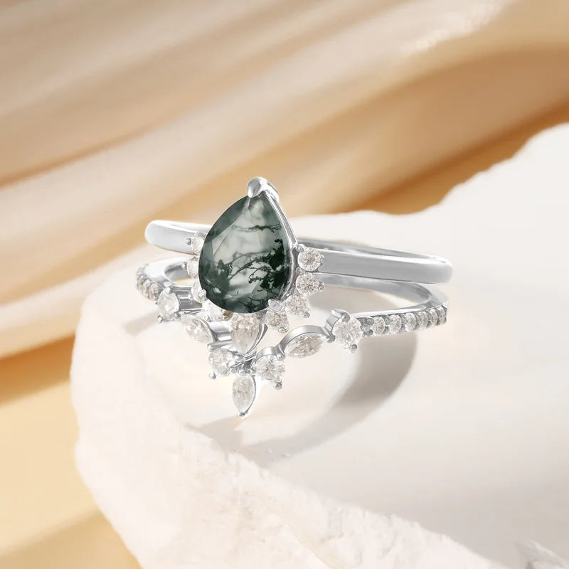 Pear Shaped Green Moss Agate Engagement Ring Set with Moissanite