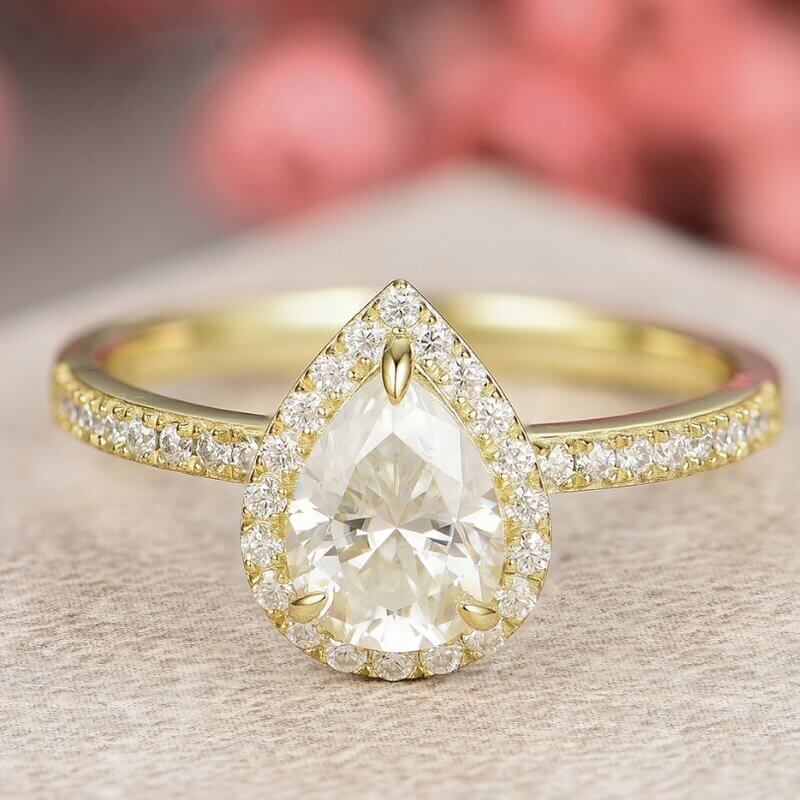 Pear Shaped Moissanite Engagement Halo Ring Sterling Silver with Yellow Gold Plated