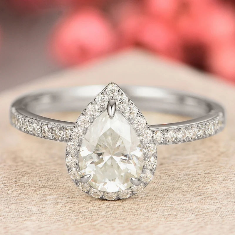Pear Shaped Moissanite Engagement Halo Ring