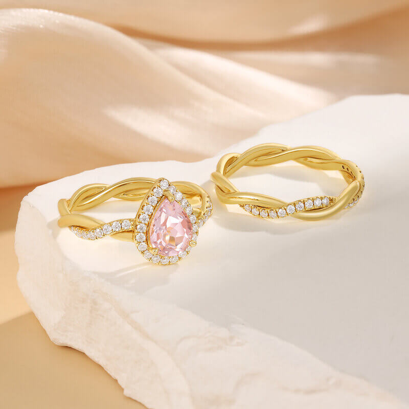 Pear Shaped Morganite Engagement Ring Set with Moissanite 18k Yellow Gold