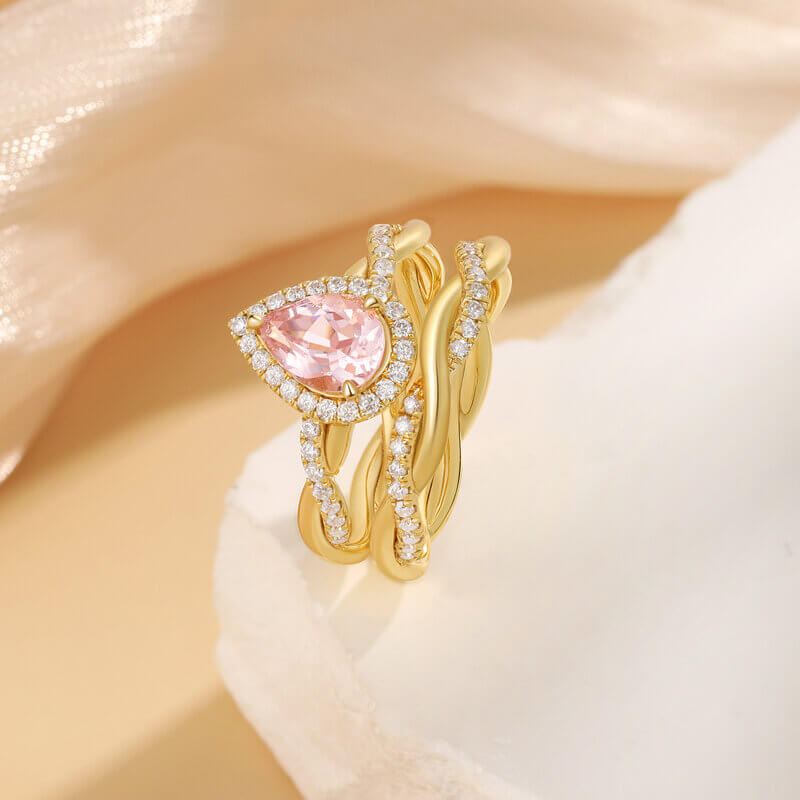 Pear Shaped Morganite Engagement Ring Set with Moissanite 18k Yellow Gold