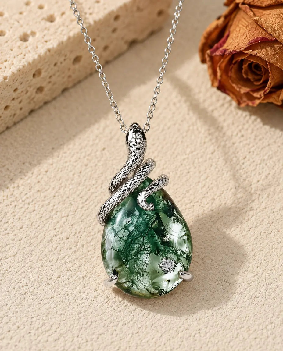 Pear Cut Moss Agate Necklace - front view