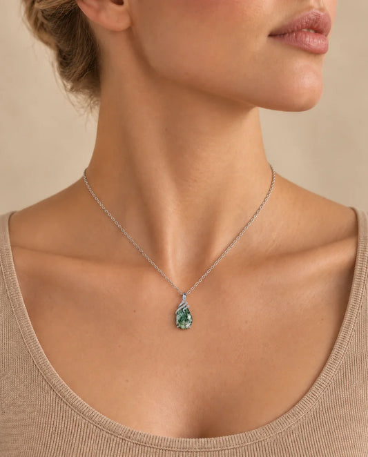Pear Cut Moss Agate Necklace - worn on a model