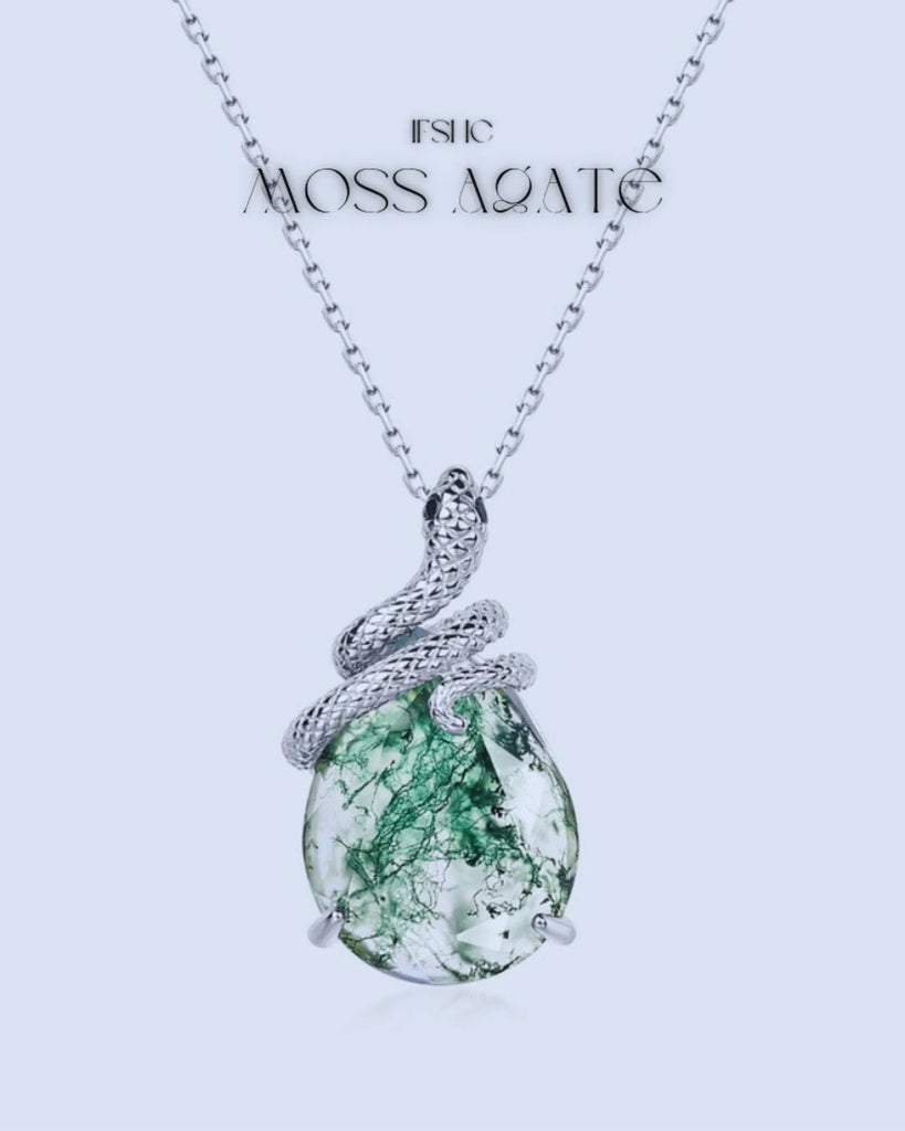 Pear Shaped Moss Agate Pendant Necklace in 925 Sterling Silver, White Gold Plated
