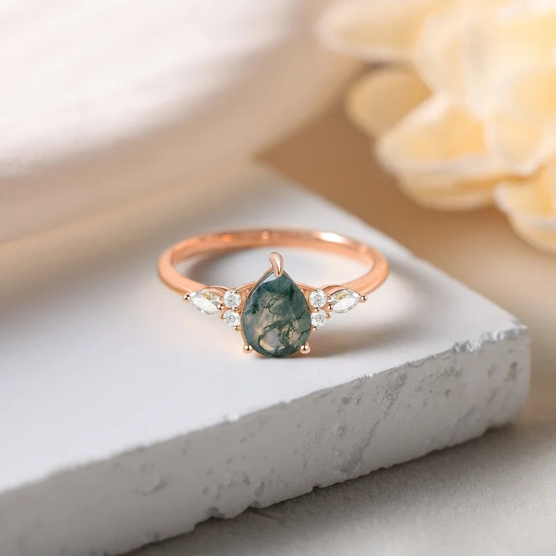 Pear Shaped Moss Agate Ring with Moissanite