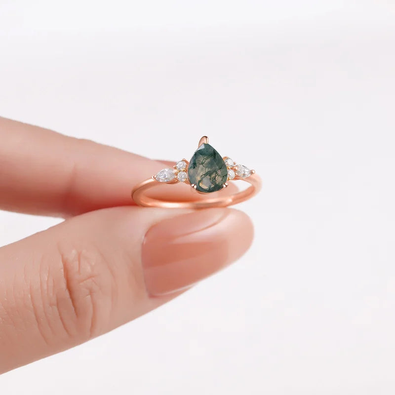 Pear Shaped Moss Agate Ring with Moissanite