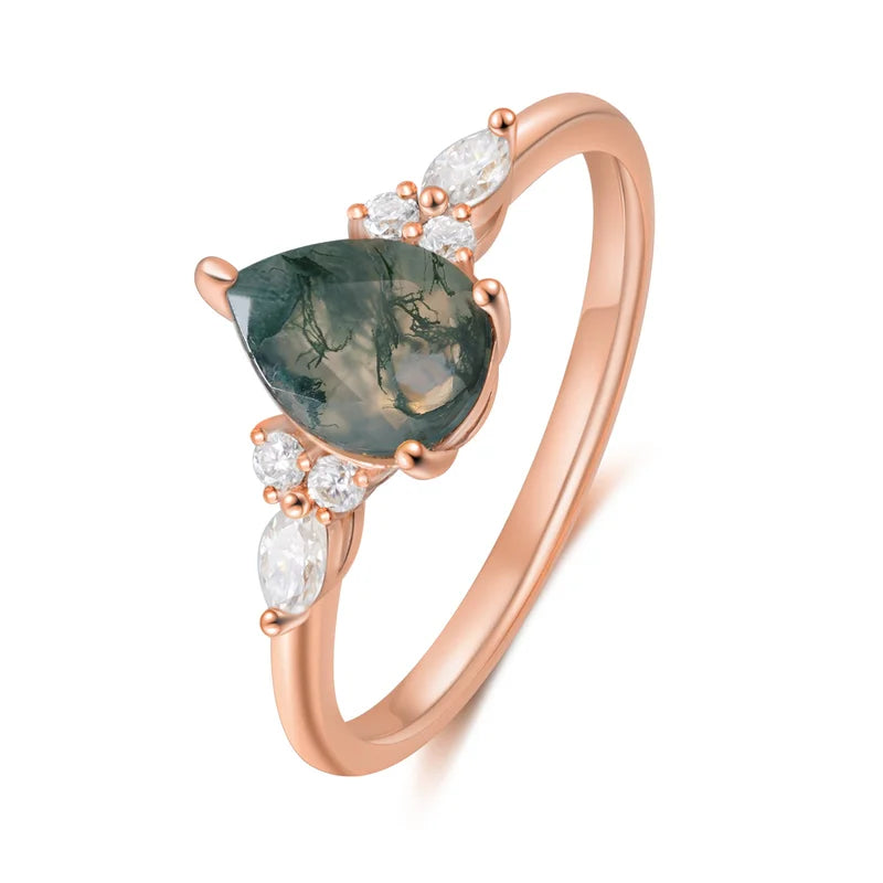 Pear Shaped Moss Agate Ring with Moissanite