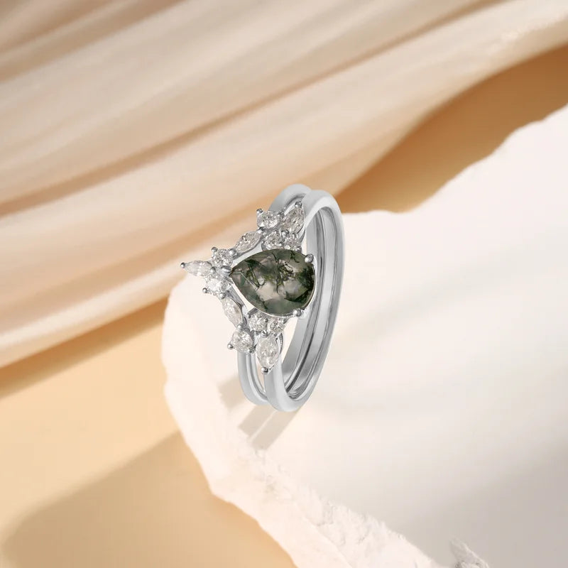 Pear Shaped Moss Agate Engagement Ring Set with Moissanite
