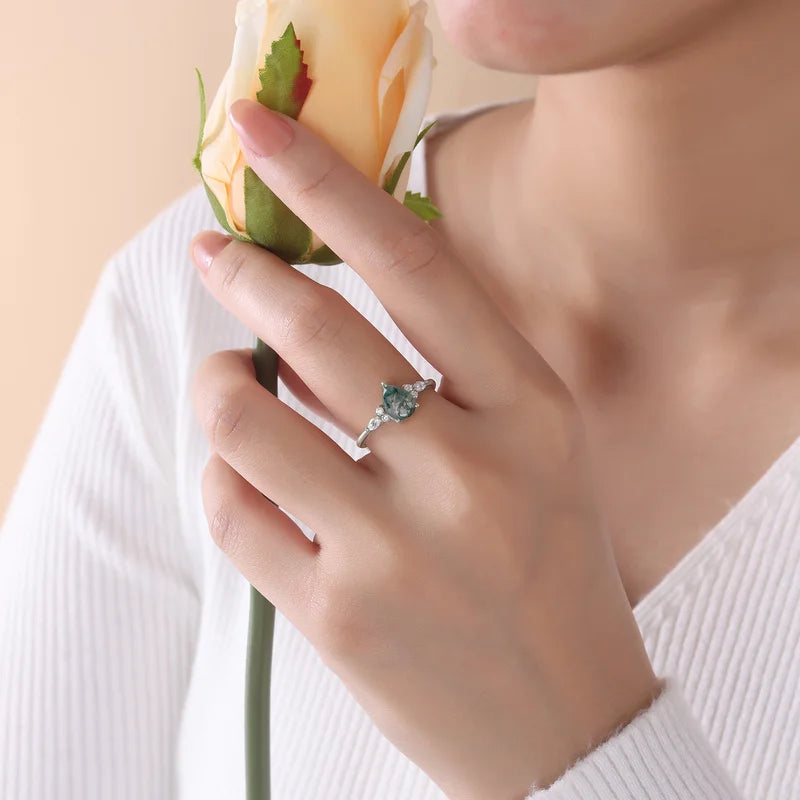 Pear Shaped Moss Agate Ring with Moissanite