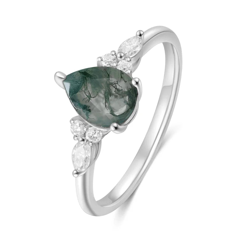 Pear Shaped Moss Agate Ring with Moissanite