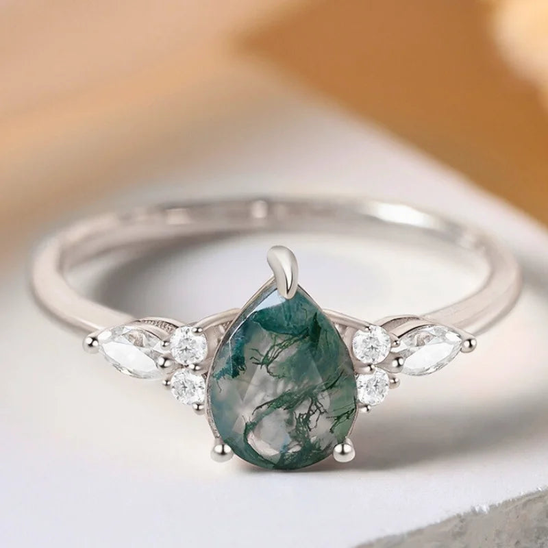 Pear Shaped Moss Agate Ring with Moissanite