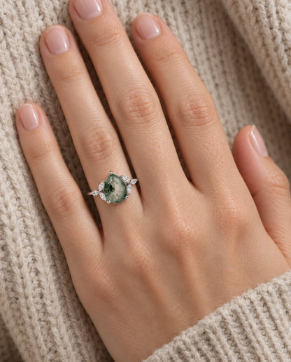 Pear-Shaped Moss Agate Engagement Ring - worn on the hand