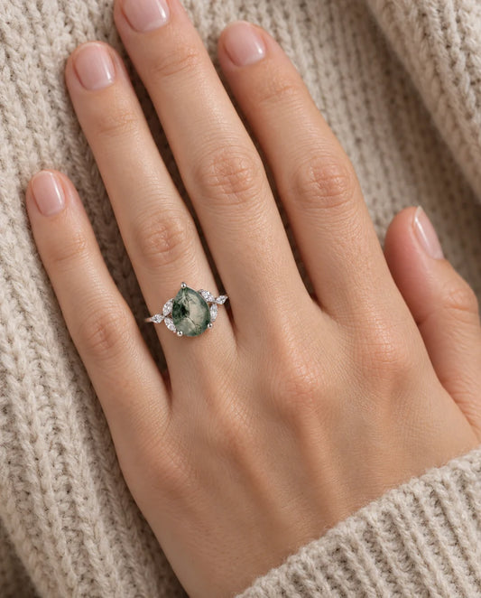 Pear-Shaped Moss Agate Engagement Ring - worn on the hand