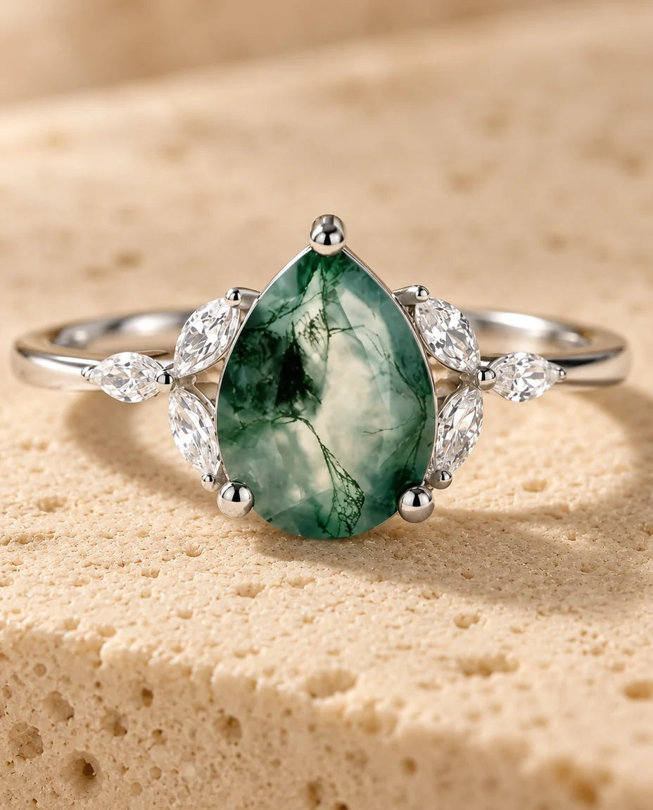 Pear-Shaped Moss Agate Engagement Ring - close-up of the gemstone