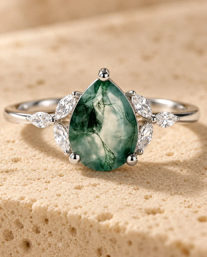 Pear-Shaped Moss Agate Engagement Ring - close-up of the gemstone