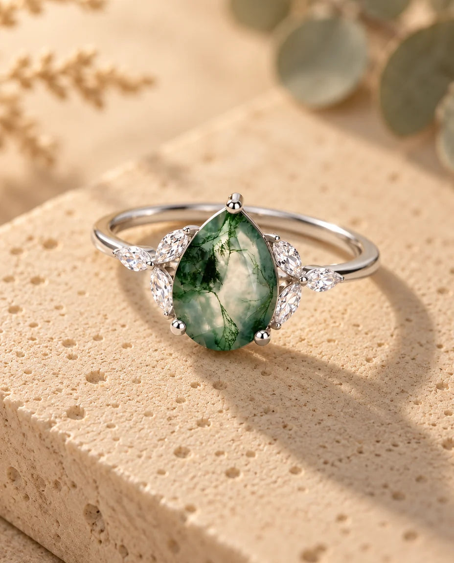 Pear-Shaped Moss Agate Engagement Ring - three-quarter view
