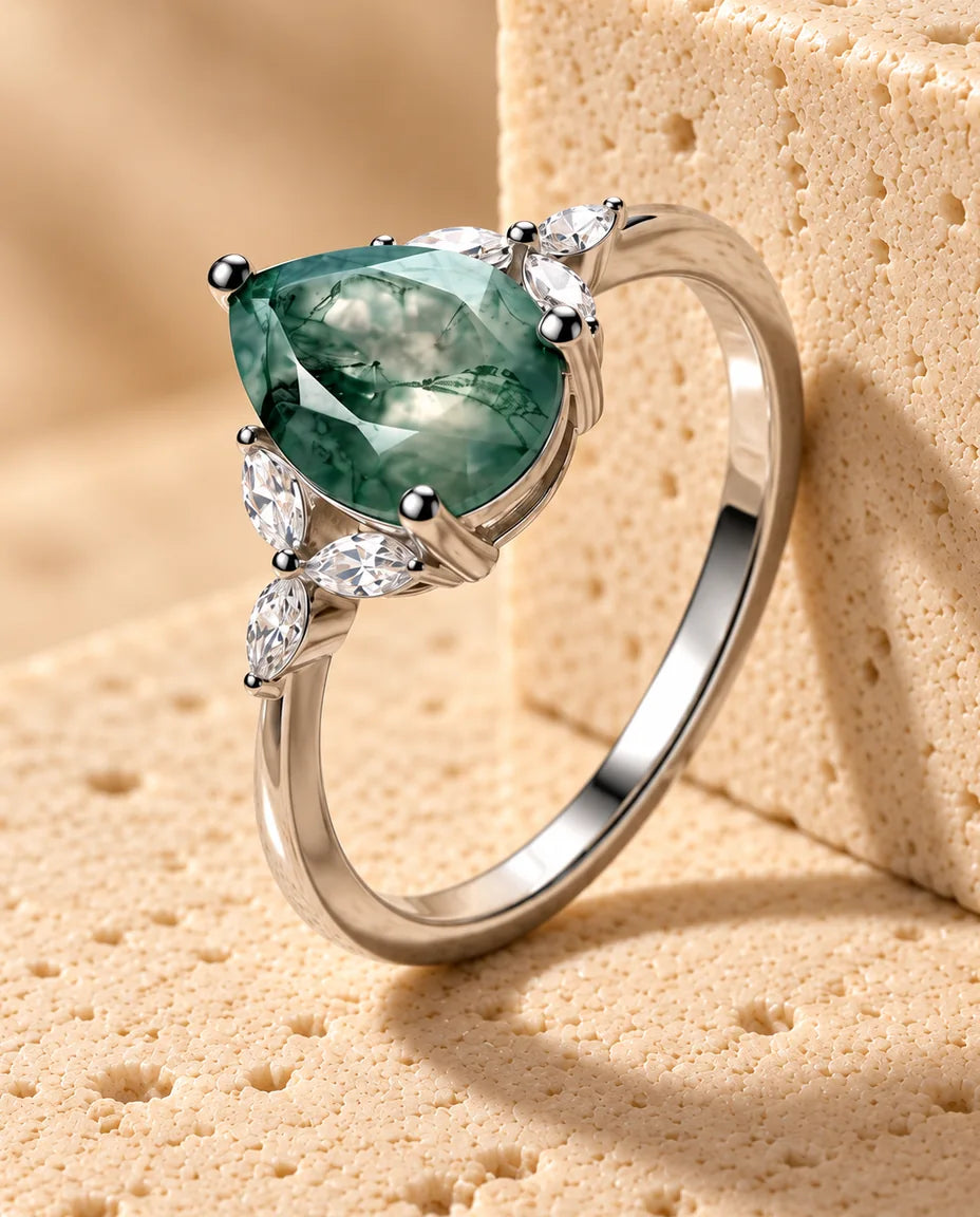Pear-Shaped Moss Agate Engagement Ring - side profile of the setting