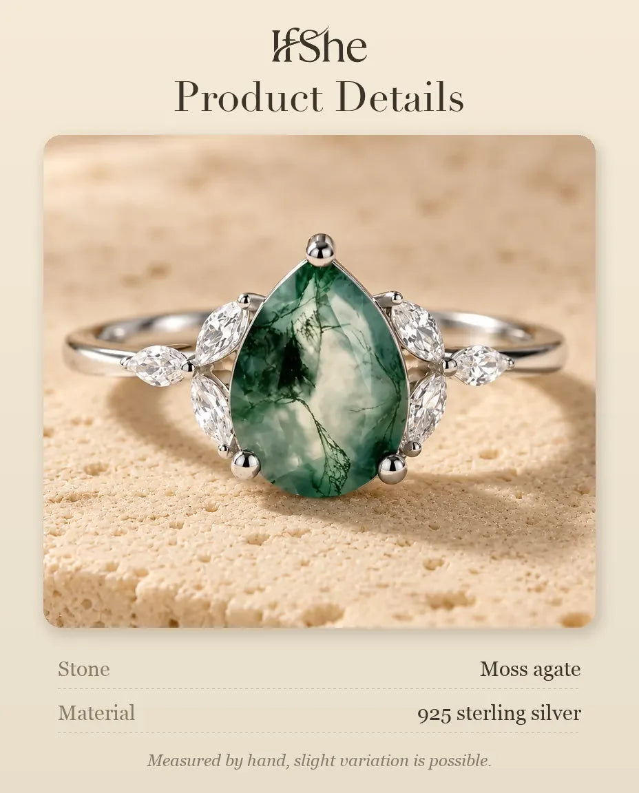 Pear-Shaped Moss Agate Engagement Ring - size and material details