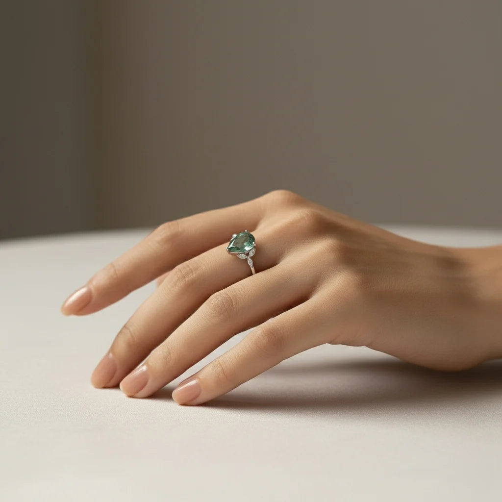 Moss Agate Ring Pear Cut 925 Sterling Silver