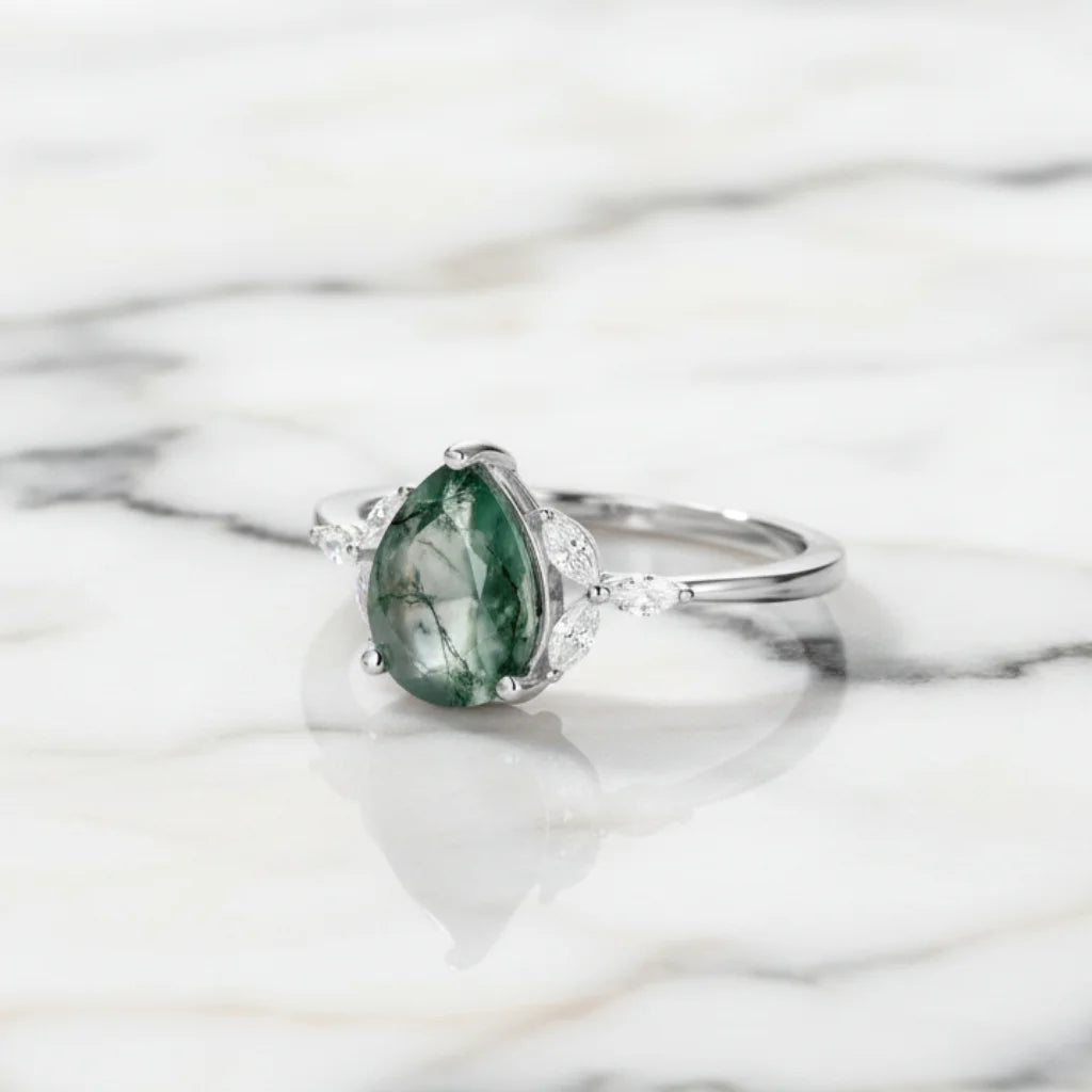 Moss Agate Ring Pear Cut 925 Sterling Silver
