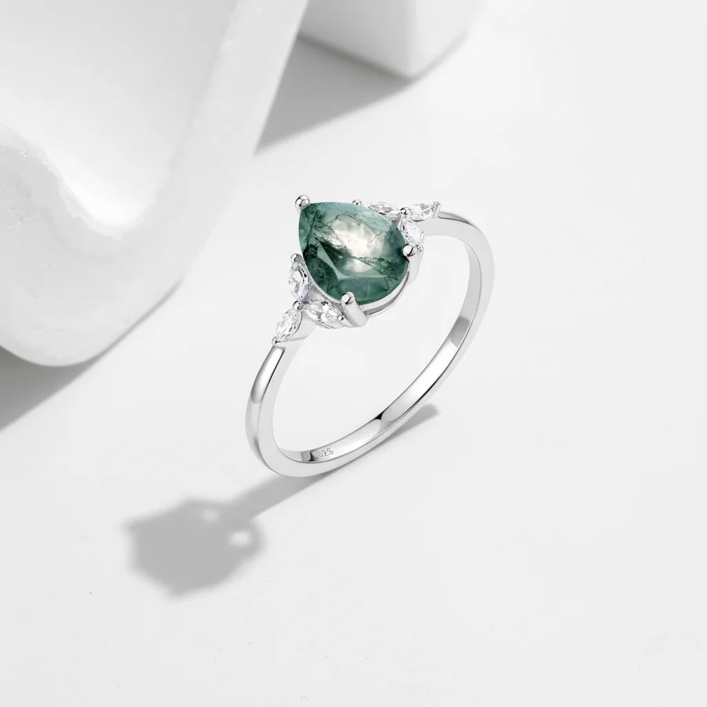 Moss Agate Ring Pear Cut 925 Sterling Silver