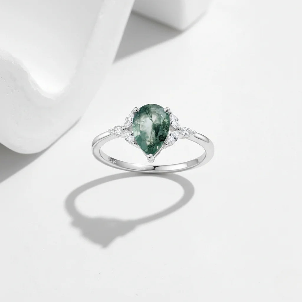 Moss Agate Ring Pear Cut 925 Sterling Silver