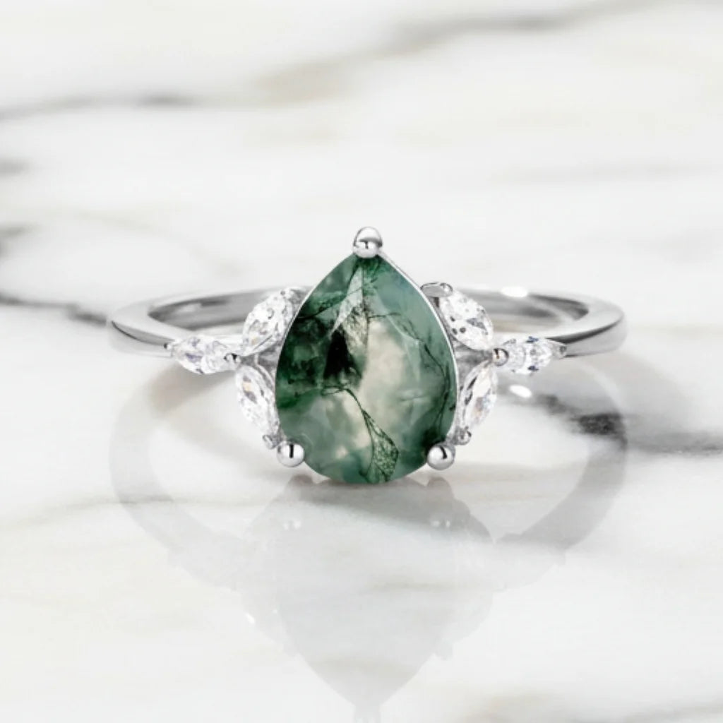 Moss Agate Ring Pear Cut 925 Sterling Silver