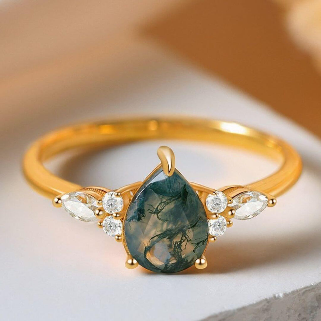 Pear Shaped Moss Agate Ring with Moissanite