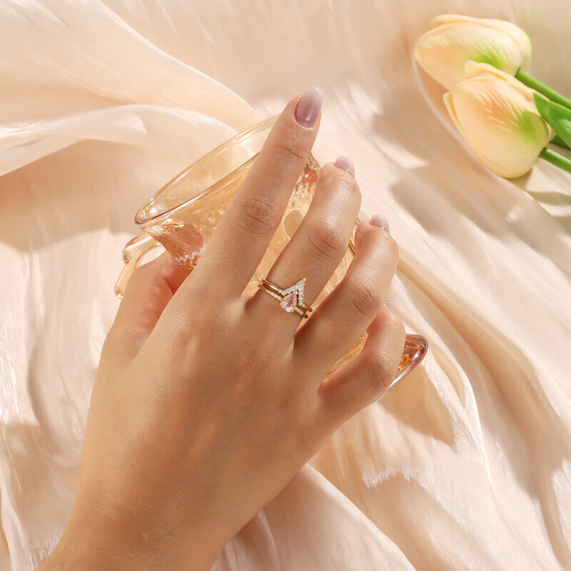 Pear Shaped Natural Pink Morganite Engagement Ring Set