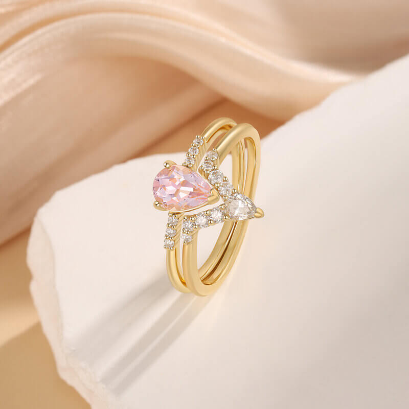 Pear Shaped Natural Pink Morganite Engagement Ring Set