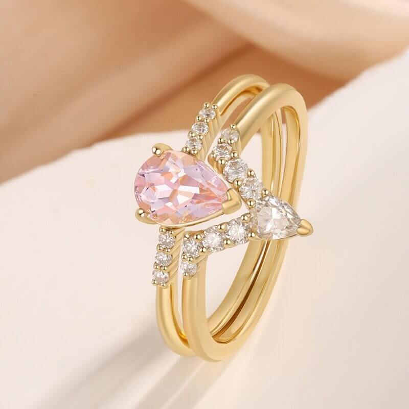 Pear Shaped Natural Pink Morganite Engagement Ring Set