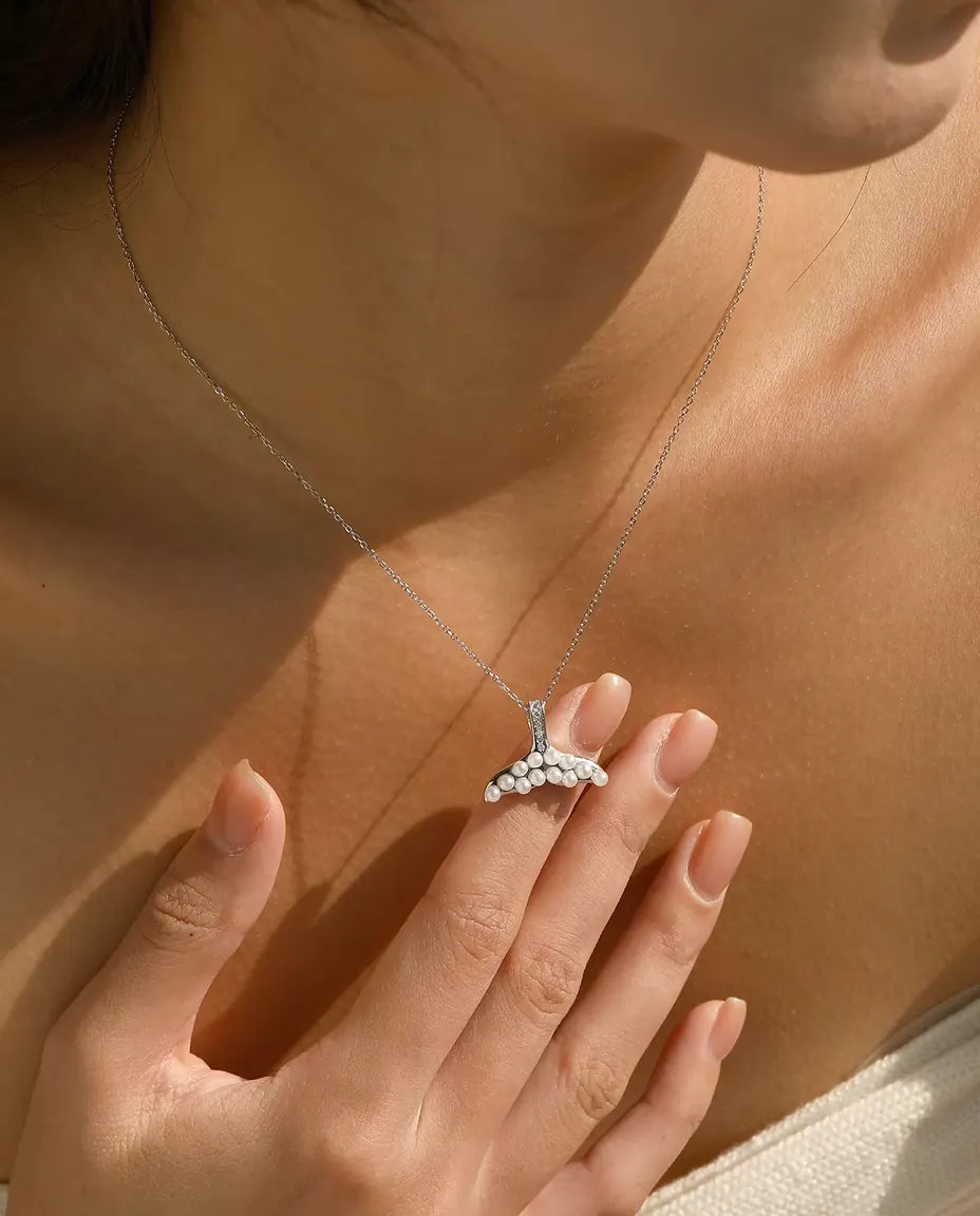 Whale tail necklace with pearl white beads in 925 sterling silver