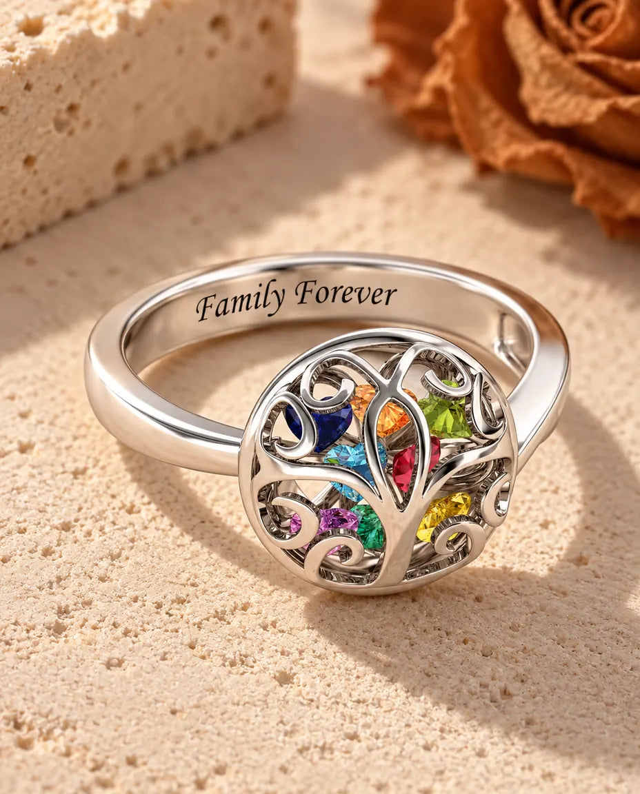 Personalised Birthstone Ring for Mum - three-quarter view showing names and birthstones